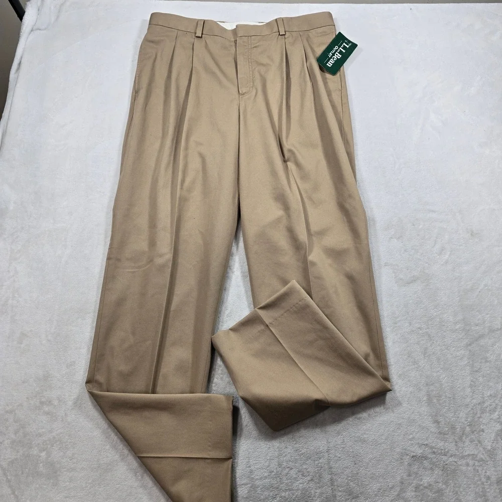 LL Bean Dress‎ Chino Pants Mens 36x35 Dark Khaki Tan Pleated Casual NEW